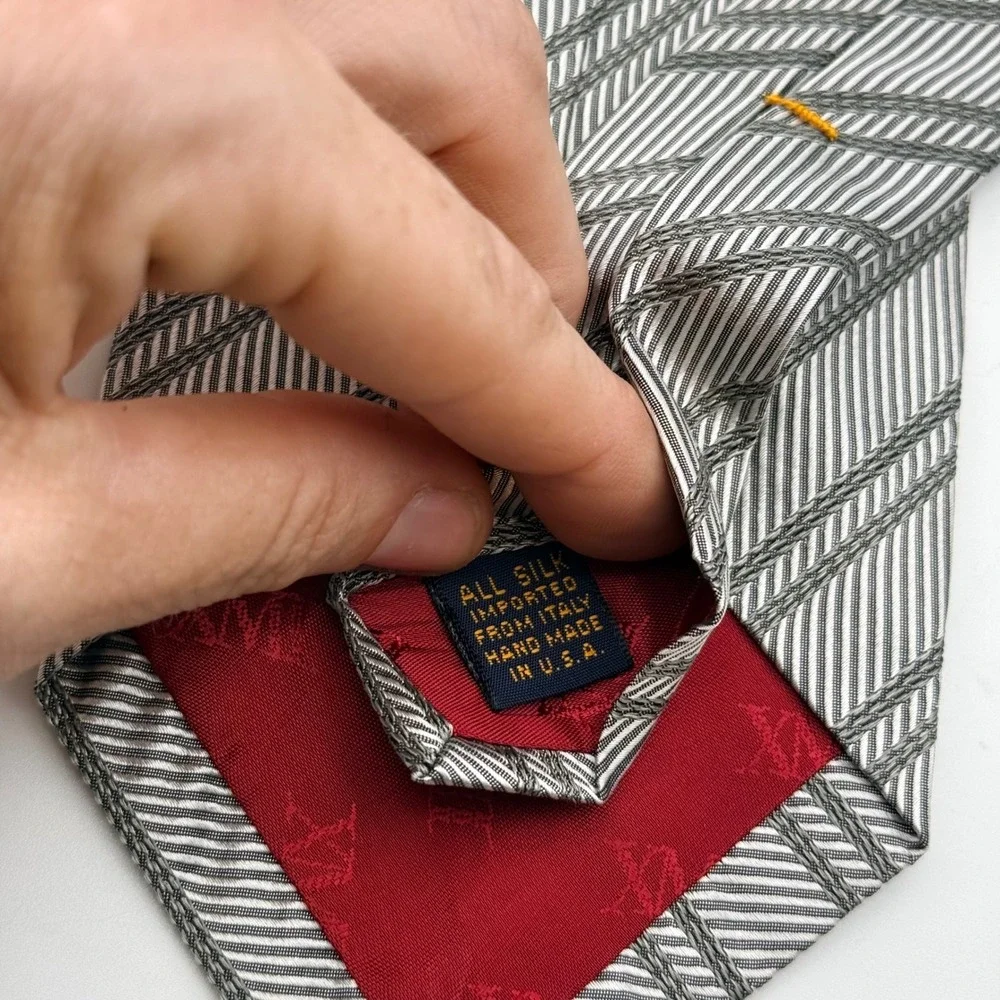XMI for Nordstrom Mens Silk Tie Grey Silver‎ Striped Handmade USA Italian Fabric